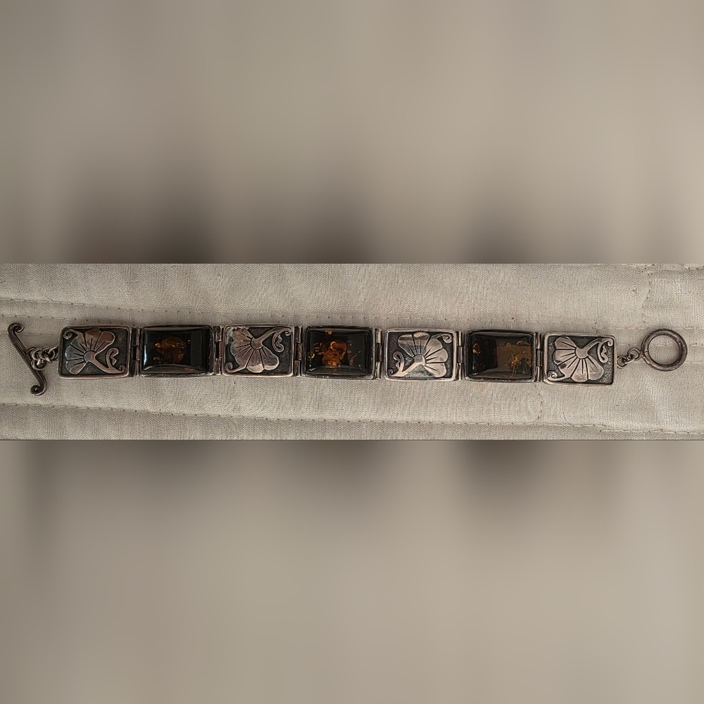 Lori Bonn 925 Sterling Silver Amber& Ginko Leaf Panel Link w/ Toggle Bracelet
